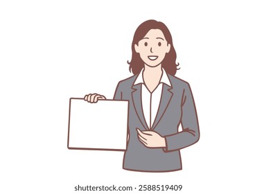 Smiling businesswoman showing folder with white mockup paper. Hand drawn style vector design illustrations.