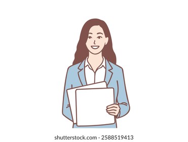 Smiling businesswoman showing folder with white mockup paper. Hand drawn style vector design illustrations.