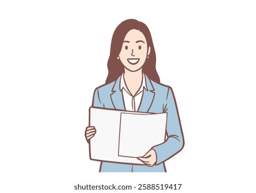 Smiling businesswoman showing folder with white mockup paper. Hand drawn style vector design illustrations.