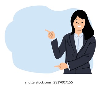 smiling businesswoman showing pointing finger to blank space