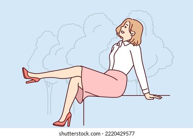 Smiling businesswoman sit on bench in park relaxing outdoors. Happy woman enjoy good day outside near forest. Vector illustration. 