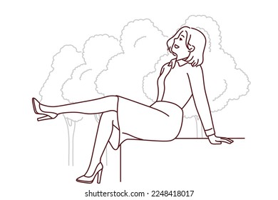 Smiling businesswoman sit on bench in park relaxing outdoors. Happy woman enjoy good day outside near forest. Vector illustration. 