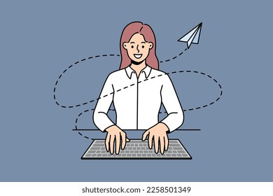 Smiling businesswoman sit at table typing on keyboard on computer sending message or email. Happy female employee busy working at workplace. Vector illustration. 