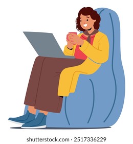 Smiling Businesswoman Sits Comfortably On Chair Holding Coffee Mug While Working On Laptop Isolated on White Background. Female Character Use Modern Technologies. Cartoon People Vector Illustration