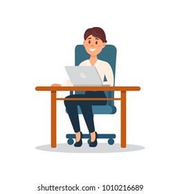 Smiling businesswoman sitting at the desk working with laptop computer, business character working in office cartoon vector Illustration
