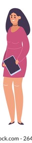 Smiling businesswoman standing confidently in a pink dress while holding a tablet, showcasing a full body portrait against a clean white background, exuding professionalism and positivity