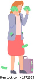 Smiling businesswoman stands with full hands of money. Woman hold dollars bills in her hand. Business success concept. Income and high earnings in cash. Cash bills as symbol of wealth and success