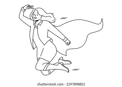 Smiling businesswoman in superhero costume flying in sky. Happy woman dressed as super hero feel motivated and successful with business achievement. Vector illustration. 