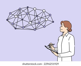 Smiling businesswoman take notes work with global network. Confident woman employee brainstorm busy working with digital futuristic interface. Vector illustration. 