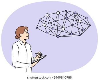 Smiling businesswoman take notes work with global network. Confident woman employee brainstorm busy working with digital futuristic interface. Vector illustration.