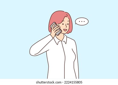 Smiling businesswoman talk on cellphone with client or customer. Happy female employee have pleasant smartphone conversation. Vector illustration. 