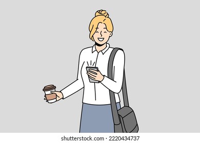 Smiling businesswoman use cellphone drink coffee from takeaway cup. Happy motivated female employee enjoy takeout drink browse smartphone. Vector illustration. 