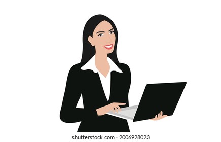 Smiling businesswoman using laptop isolated vector illustration