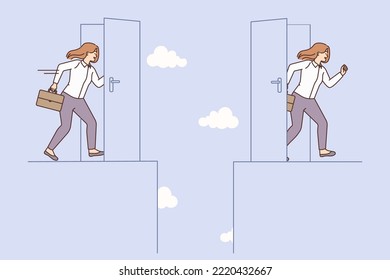 Smiling Businesswoman Walk Shortcut Door Find Solution To Business Problem. Successful Woman Brainstorm Solve Trouble. Creativity Concept. Vector Illustration. 