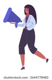Smiling businesswoman walking and holding megaphone making announcement, advertising something, sharing news, protesting, attracting attention, giving speech, or fighting for equal rights