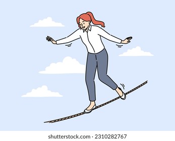 Smiling businesswoman walking on thin rope in air. Female employee balance on line involved in risky and dangerous business. Vector illustration. 