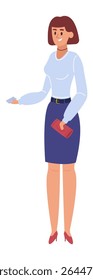 Smiling businesswoman wearing a light blue shirt and a blue skirt, holding a card and a red clutch, full length portrait on white background