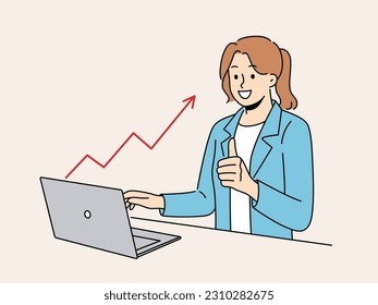 Smiling businesswoman work on computer celebrate financial success on stock market. Happy woman with laptop excited with graph or chart rising. Vector illustration. 