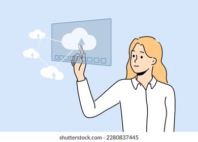 Lächelnde Geschäftsfrau, die mit Cloud-Computer-System arbeitet. Herzlichen Glückwunsch weiblichen Angestellten Touch Icon auf der digitalen Anwendung. Vektorgrafik. 