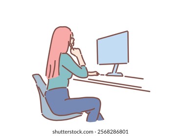 Smiling businesswoman working on laptop, sitting comfortably on the chair in a modern office. Hand drawn style vector design illustrations.