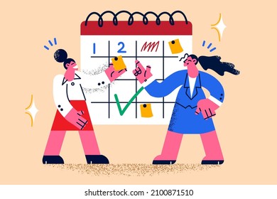 Smiling businesswomen brainstorm do creative thinking on planner board at workplace together. Happy female employees or colleagues plan month work tasks on calendar. Schedule. Vector illustration. 