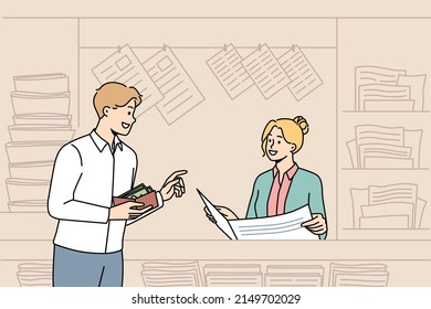 Smiling buy magazine at street newsstand with press. Happy male client purchase newspaper in outdoor kiosk or stall. Print media and entertainment. Flat vector illustration. 