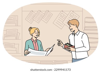 Smiling buy magazine at street newsstand with press. Happy male client purchase newspaper in outdoor kiosk or stall. Print media and entertainment. Flat vector illustration.