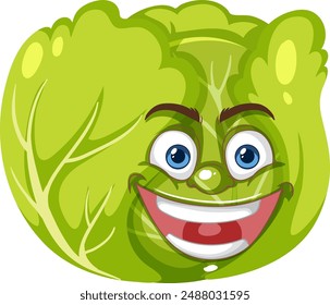 Smiling cabbage with expressive eyes and eyebrows
