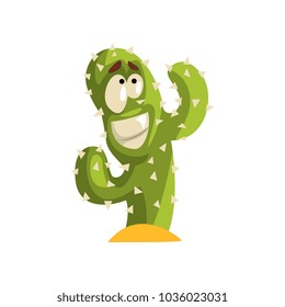 Smiling cactus character, succulent plant with funny face vector Illustration isolated on a white background