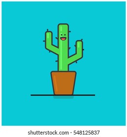 Smiling Cactus Plant In A Pot Icon (Line Art Vector Illustration in Flat Style Design)