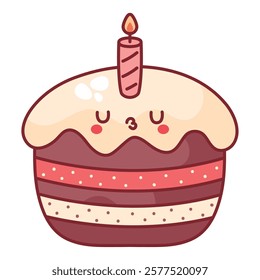 A smiling cake character with a lit candle on top in cartoon style