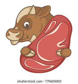 A smiling calf holds and shows beef meat that is being produced from it. The image can be placed in a circle. Vector on a transparent background.