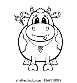 La ternera sonriente está aislada en el fondo blanco. La ilustración del libro de colorear.