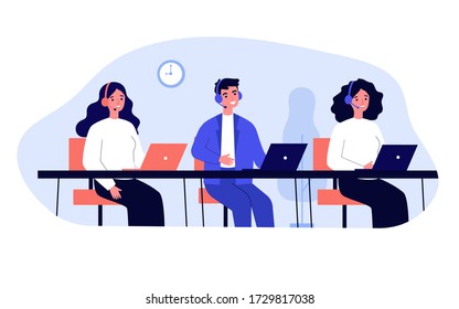 Smiling call center operators in office flat vector illustration. Cartoon characters with headsets and laptops supporting customers. Company support service and hotline concept