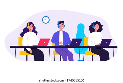 Smiling call center operators in office flat vector illustration. Cartoon characters with headsets and laptops supporting customers. Company support service and hotline concept