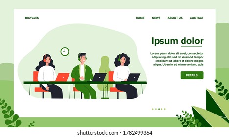 Smiling call center operators in office flat vector illustration. Cartoon characters with headsets and laptops supporting customers. Company support service and hotline concept