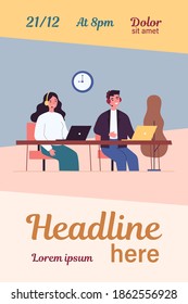 Smiling call center operators in office flat vector illustration. Cartoon characters with headsets and laptops supporting customers. Company support service and hotline concept