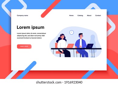 Smiling call center operators in office flat vector illustration. Cartoon characters with headsets and laptops supporting customers. Company support service and hotline concept