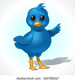 Smiling calm blue bird pointing left