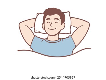 Sonriente hombre joven tranquilo relajarse siesta en el dormitorio. Ilustraciones de diseño de Vector de estilo dibujado a mano.