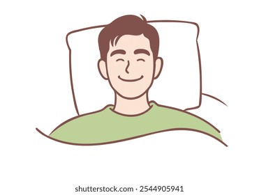 Smiling calm young man relax nap in bedroom. Hand drawn style vector design illustrations.