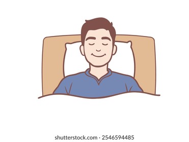 Smiling calm young man relax nap in bedroom. Hand drawn style vector design illustrations.