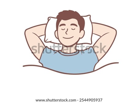 Smiling calm young man relax nap in bedroom. Hand drawn style vector design illustrations.