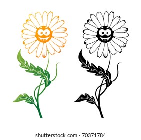 Smiling camomile with long leaves and happy face. Laughing, fun. Simple contour on white background.
