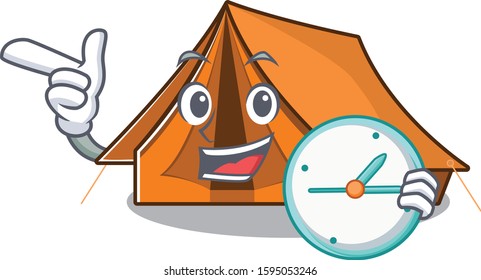 smiling camping tent Scroll cartoon character style with clock