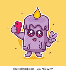 smiling candle character mascot taking a selfie with a smartphone isolated cartoon 
