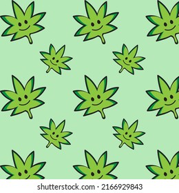 smiling cannabis leaf vector illustration Seamless pattern, posters, flyers, wrapping paper, clothing design green background medical marijuana weed marijuana character concept