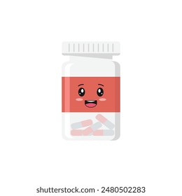 Smiling capsule jar. Cute character. A jar with medicine inside on a white background.