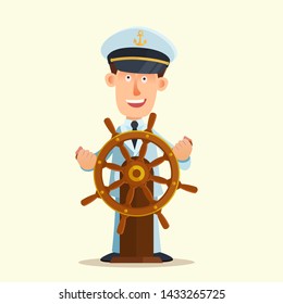 Smiling captain in the captain's hat on the head behind ship rudder. Leadership concept. Vector illustration, flat design, cartoon style.