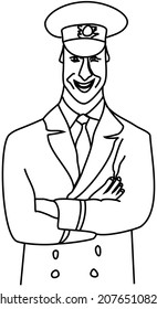Smiling captain, a man wearing a uniform and a cap with arms crossed on his chest. A simple drawing, digital line art
